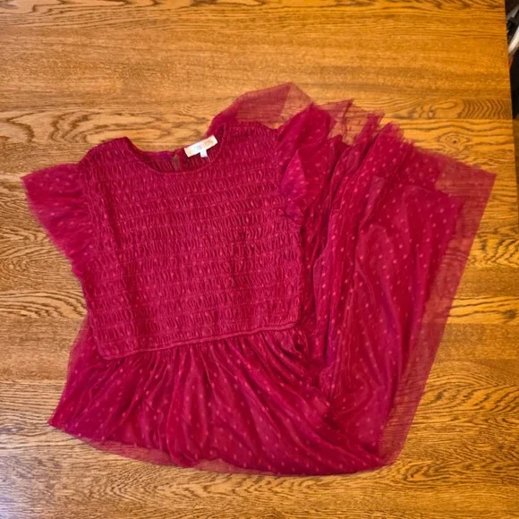 NWT Mine S Red Swiss Dot Tulle Maxi Dress Smocked Flutter Sleeve Cottagecore - Picture 10 of 14